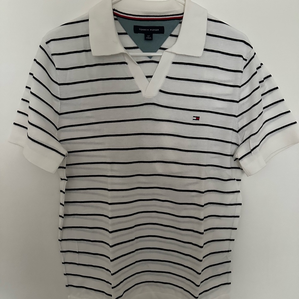 Tommy Hilfiger White and Black Striped Polo Shirt
